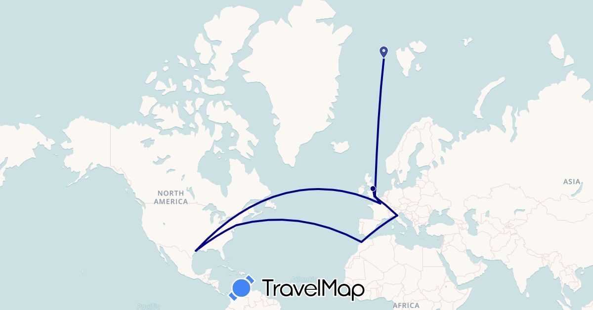 TravelMap itinerary: driving in France, United Kingdom, Italy, Morocco, United States (Africa, Europe, North America)